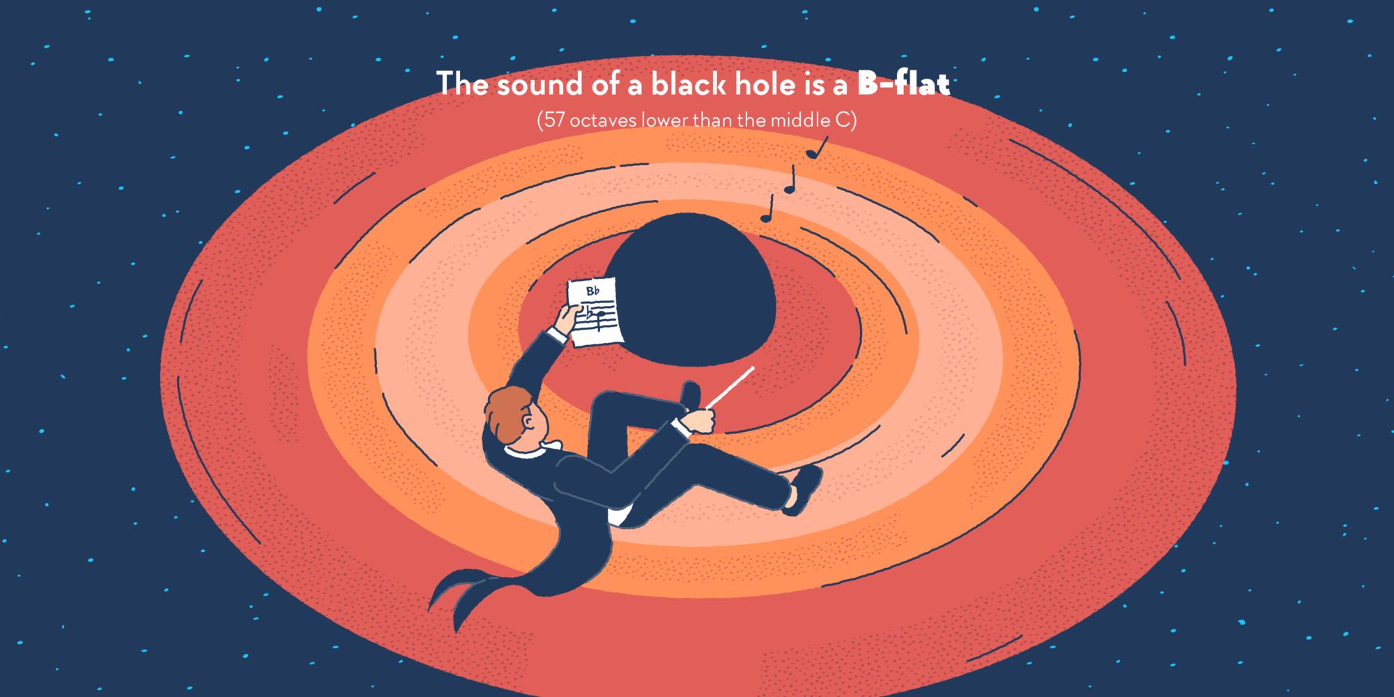An orchestra conductor floating around a black hole that is producing music