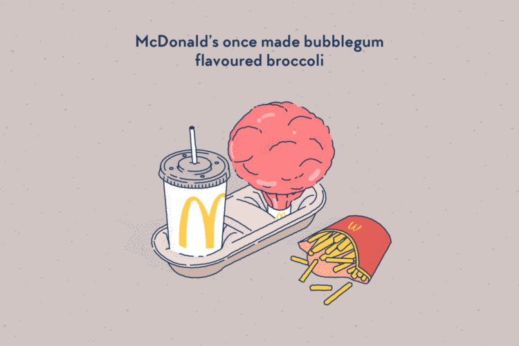 A full McDonals’s menu, including fries, soda, and a big pink broccoli.