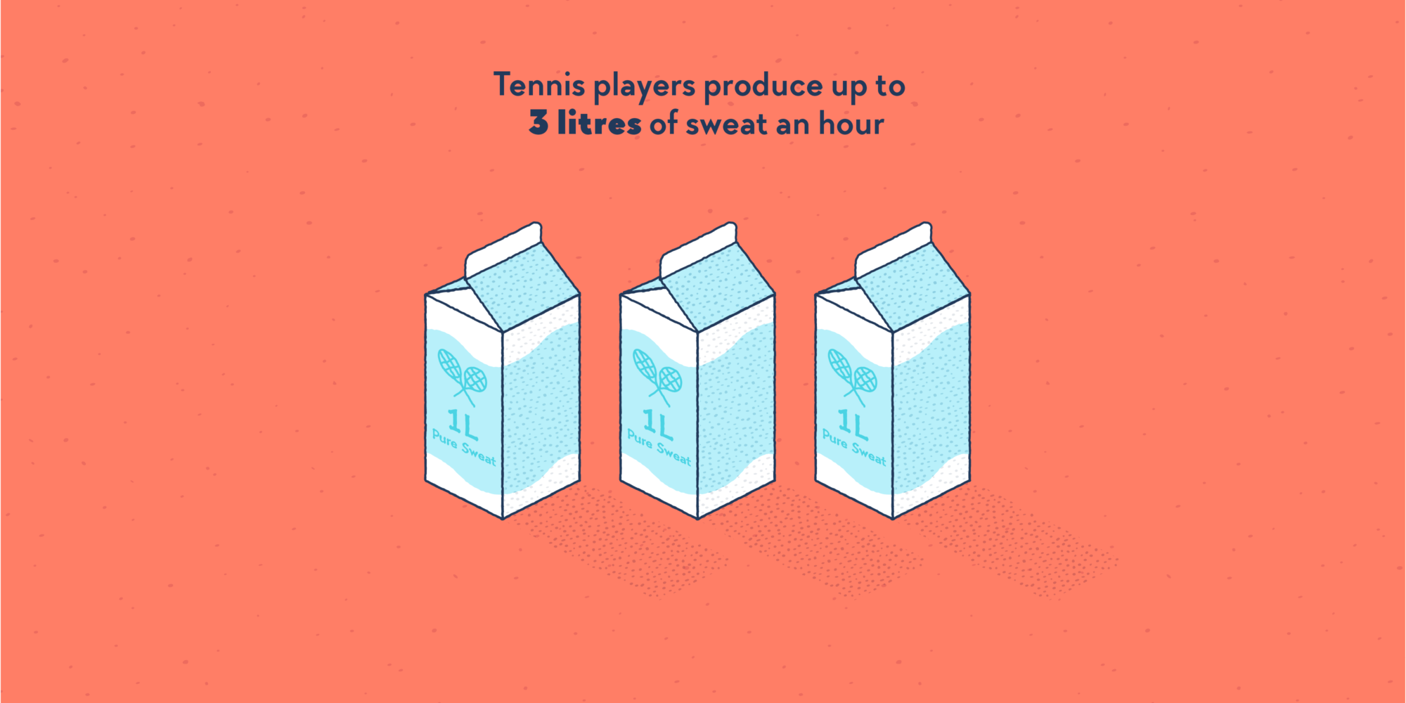 Three 1-litre cartons wearing the label “Pure sweat” and a pictogramme of tennis rackets.