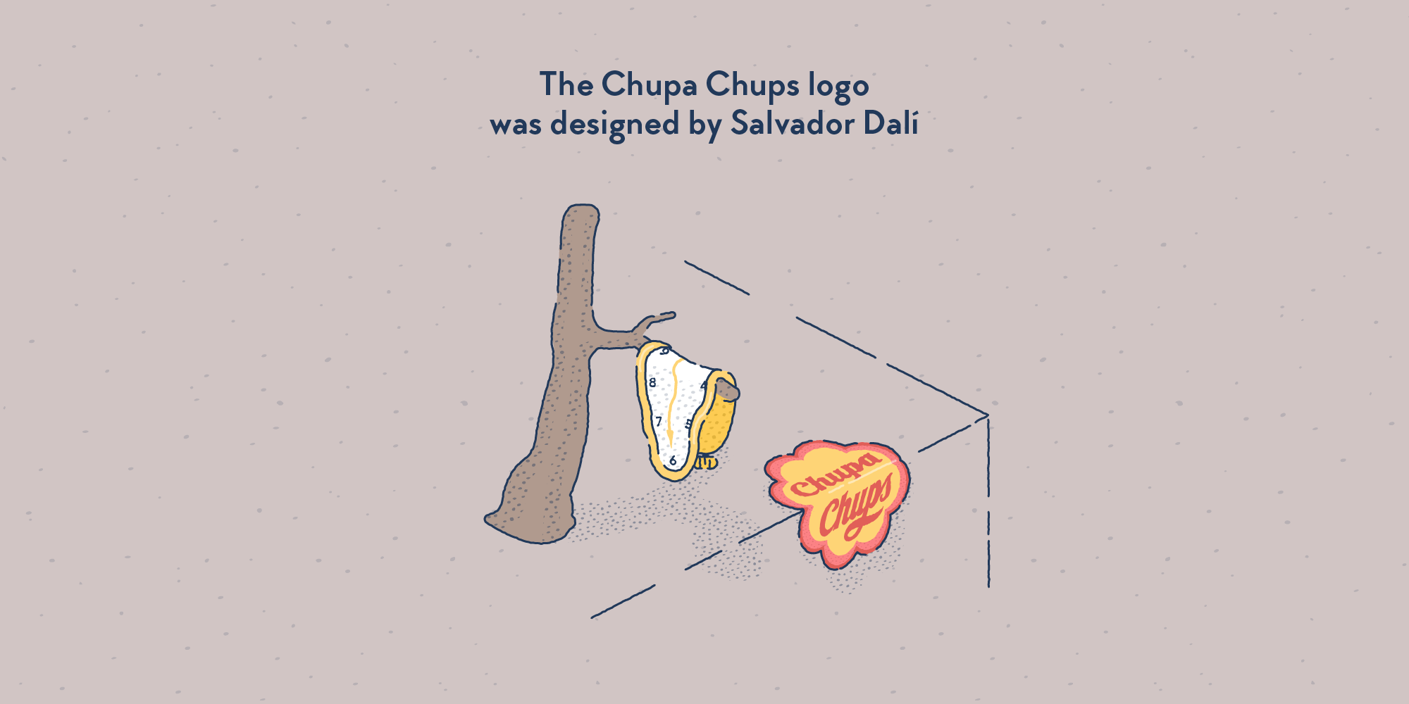 A visual reminding of Dalí’s painting “The Persistence of Memory”, in which pocket watches are melting in a landscape. Here one watch is replaced by the Chupa Chups logo.