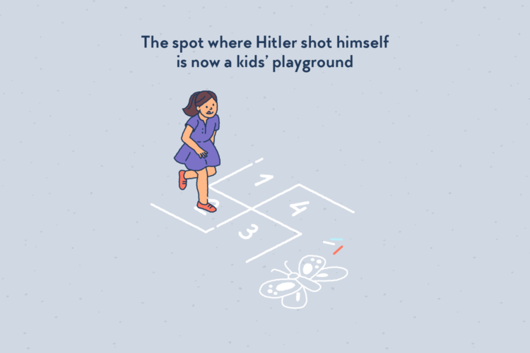 A young girl playing hopscotch outside. The chalk lines on the floor look like a swastika.