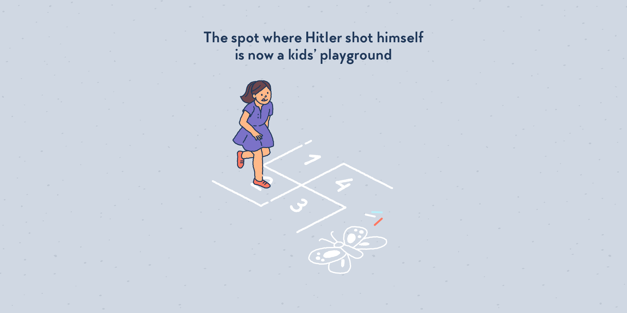 A young girl playing hopscotch outside. The chalk lines on the floor look like a swastika.