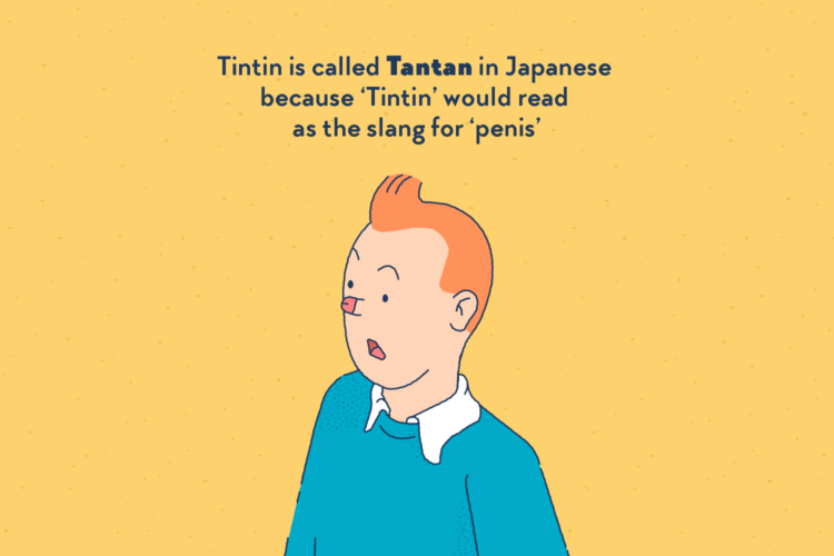 A portrait of the character of Tintin, his noise replaced by a penis.