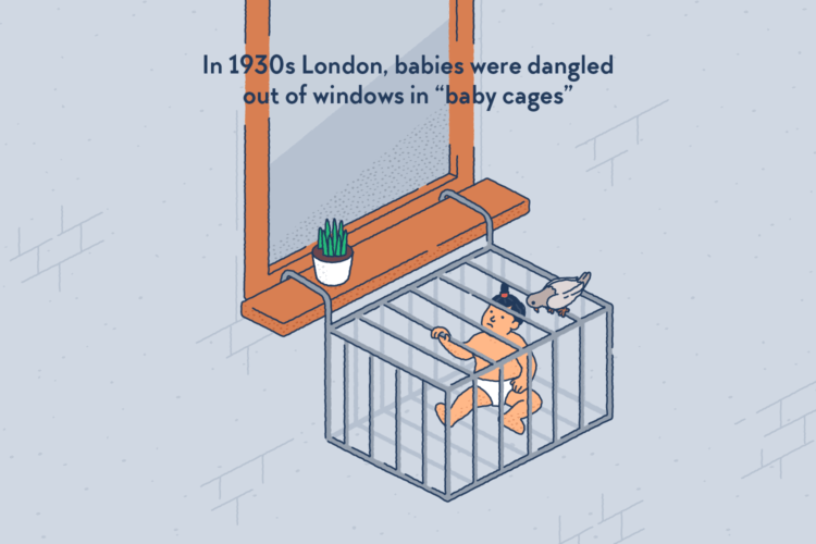 A little baby locked in a cage haphazardly hanging out of a windowsill.