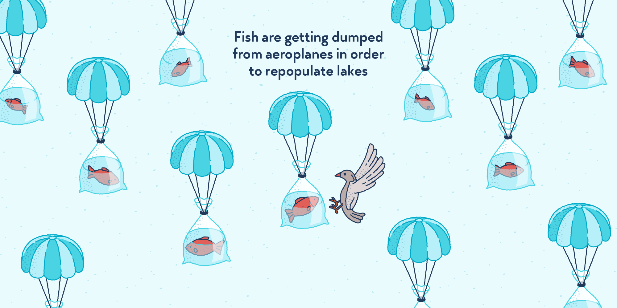 Numerous fish in plastic bags, falling from the sky, each attached to a little parachute.