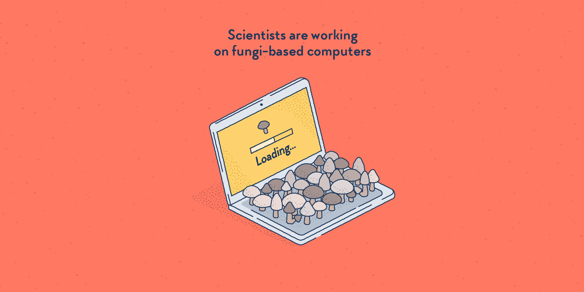 A laptop computer on which are growing a lot of mushrooms.