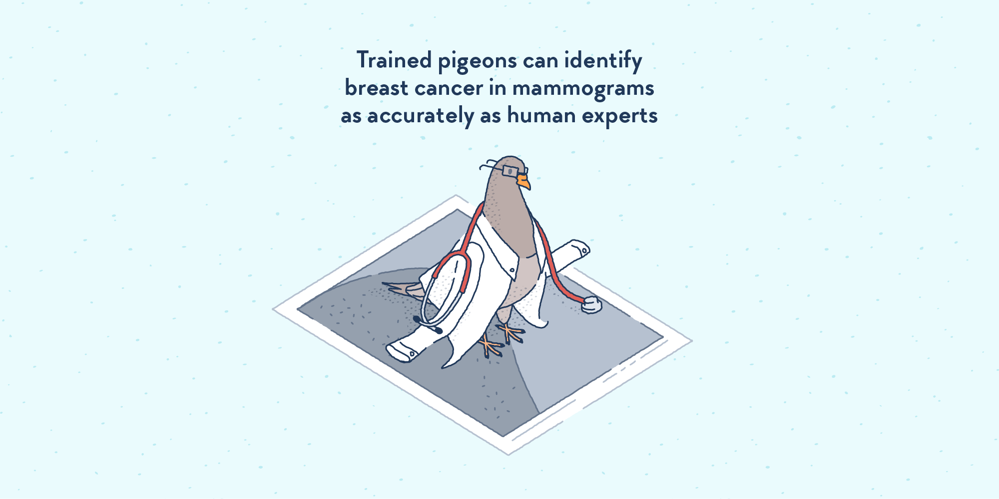 A pigeon wearing an oversized doctor’s coat and a stethoscope, standing on a mammogram.