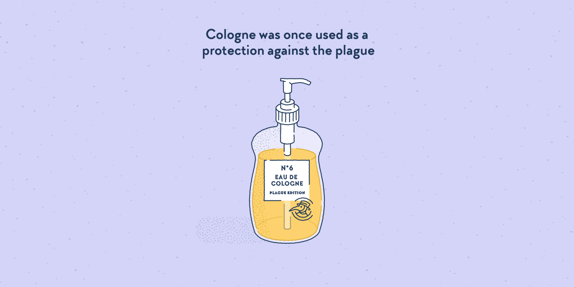 A bottle of cologne with a plastic pump like handsoap or sanitiser gel. The labels reads “Eau de Cologne, Plague Edition”.