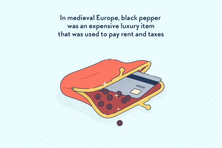 A wallet containing a credit card and peppercorns.