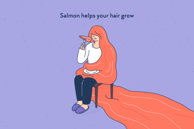 A woman eating salmon and having very very long salmon-coloured hair.