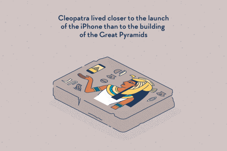 Hieroglyphs on a stone, representing Cleopatra with an iPhone