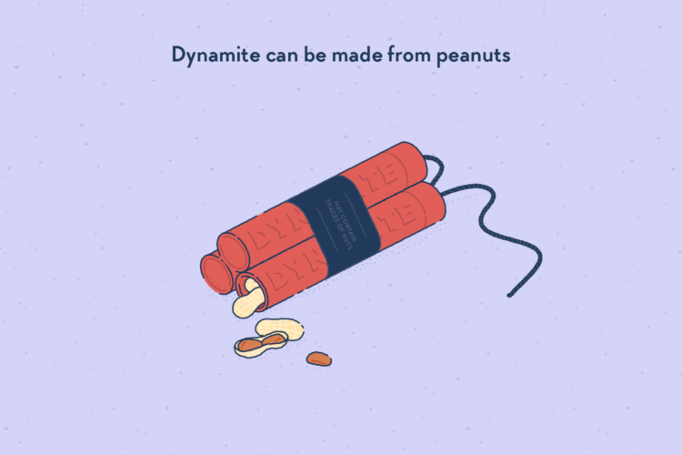 Red sticks on dynamite in a bundle, one of which is open at the bottom, with peanuts falling out of it. The label reads “May contain traces of nuts”.