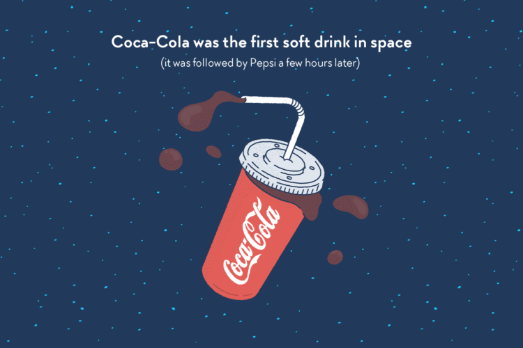 A take-away cup of Coca-Cola, floating and overflowing in the vacuum of space.