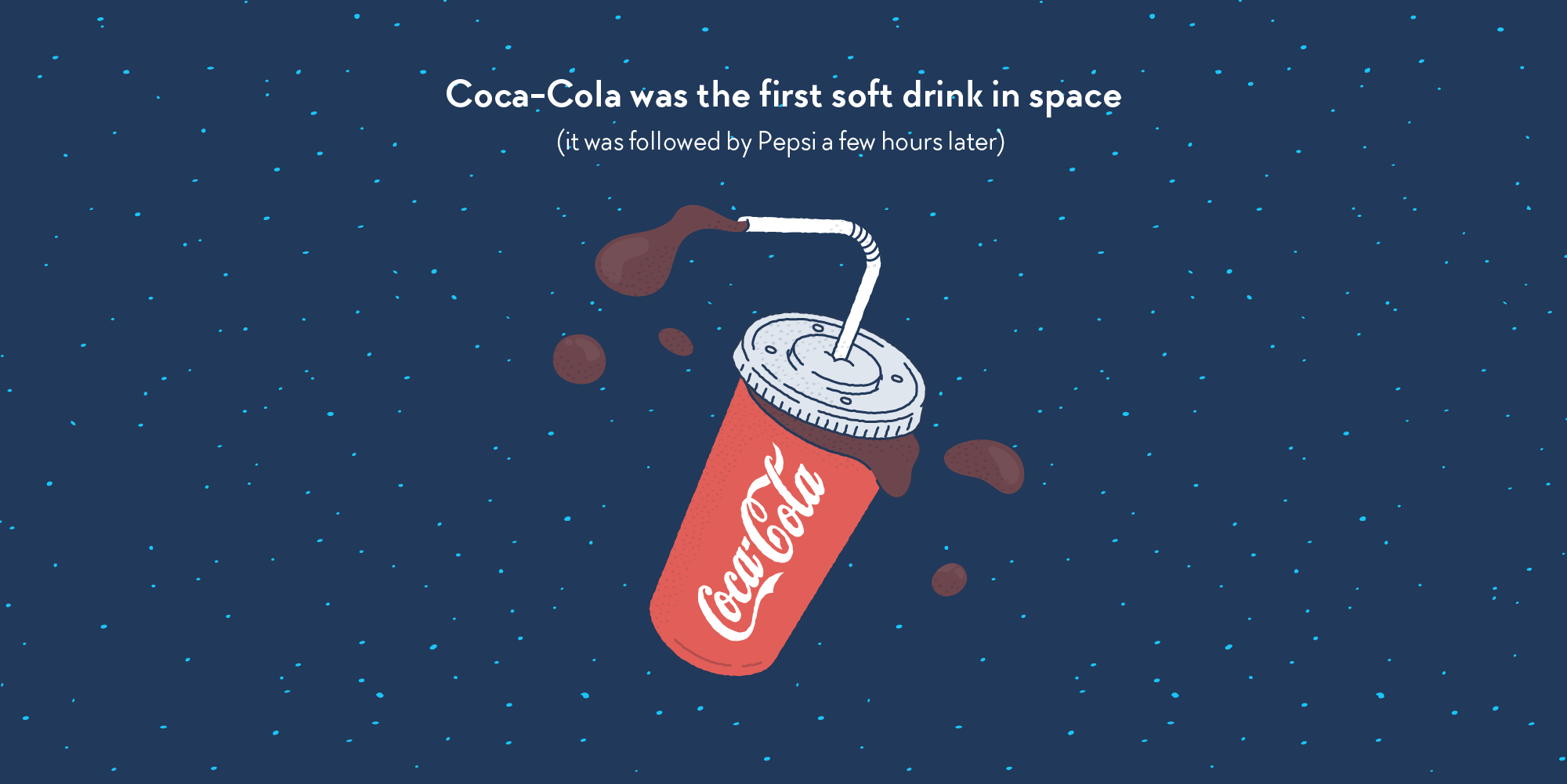A take-away cup of Coca-Cola, floating and overflowing in the vacuum of space.