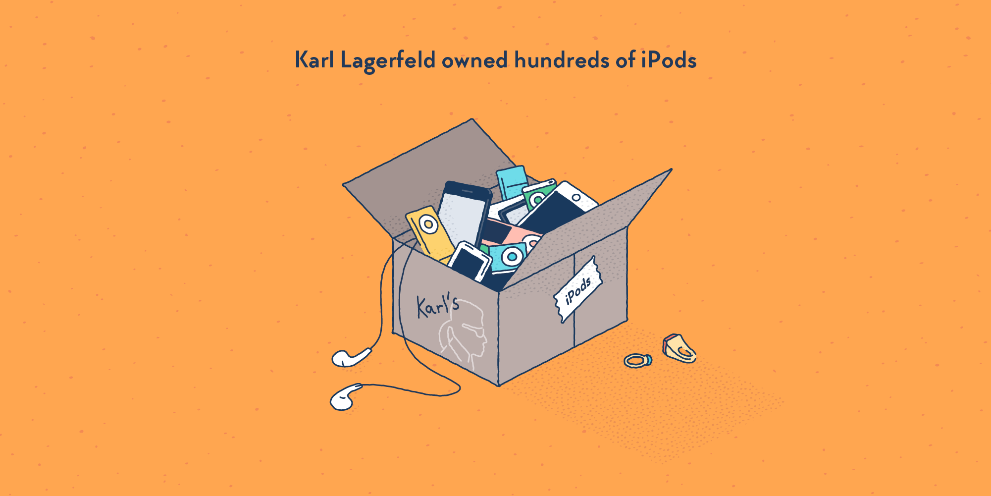 A cardboard box full of iPods, with “Karl’s” written on it.