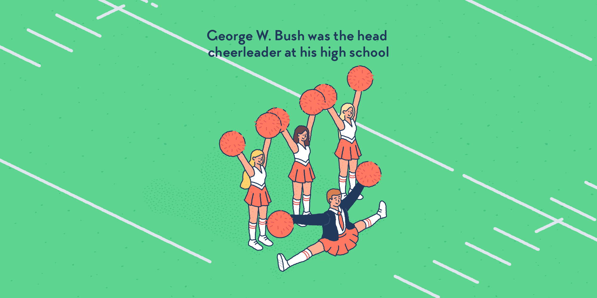 A teenage George W. Bush and three highschool girls performing with pom-poms. Bush is doing the splits.